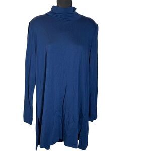 Eileen fisher blue cowl neck long sleeve tunic style split hem top tencel
